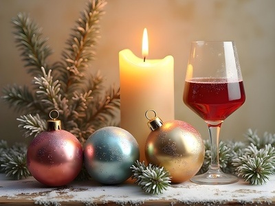 Weihnachtskugeln, Kerze und Glas